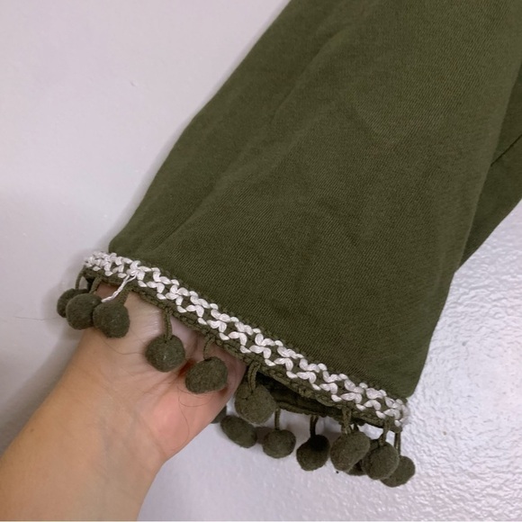 LOFT Lounge wear hunter Green Pom Pom Bell Sleeve Sweatshirt medium women’s boho - Picture 5 of 6